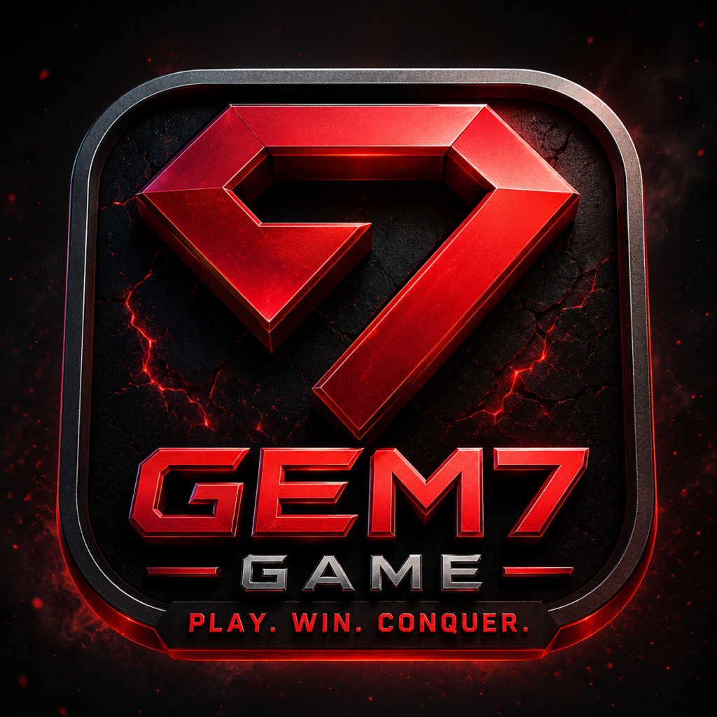GEM7 Game official red and black gaming logo with modern 3D design for APK download, login, and online gameplay. alt text