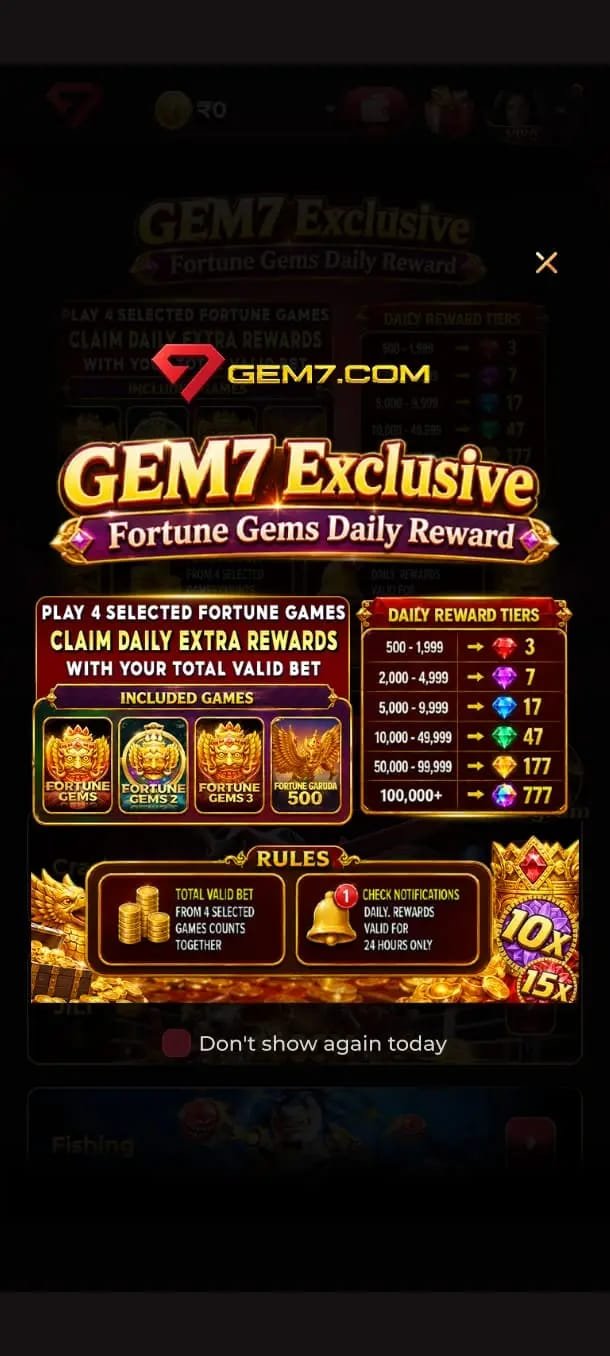 GEM7 Game mobile dashboard displaying modern gaming features and login access.alt text